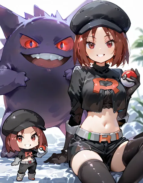 (chibi,fullbody),with gengar(pokemon),(looking at viewer),1girl,grin, brown very short layered cut hair,(parted bangs), slant red eyes,black cropped cap,midriff tops, navel,depth of field,Picturesque, Impressionism,beautiful breasts, Detailed,Team Rocket,T...
