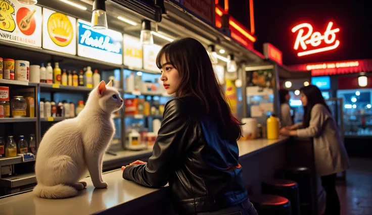 documentary photo, photo-realistic, dramatic scene at night, a girl\( Japanese young female, boyish cool face, cool girl atmosphere, tall, slender, wearing a tight fitting rider's black leather jacket, tight fitting black denim pants, tight fitting racer's...