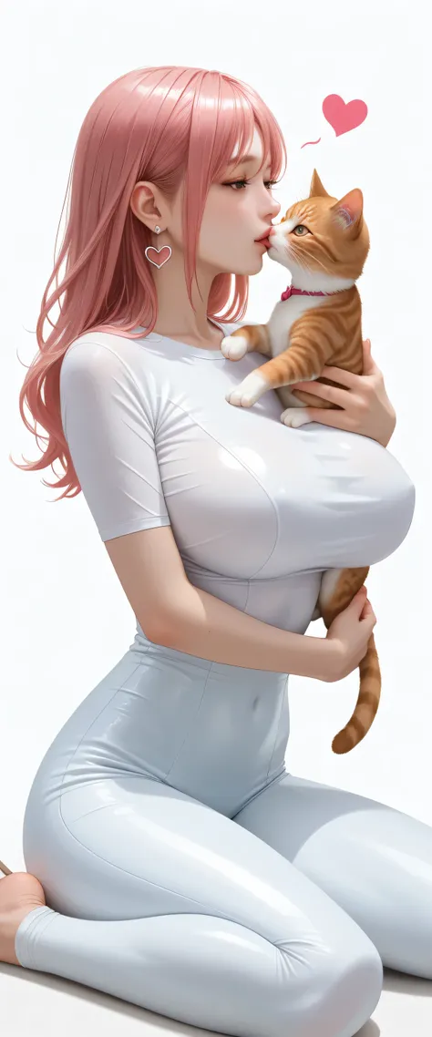 Japanese beautiful girl,   huge breasts, ，乳沟，低胸, ,earrings,, abstract background, white background，long legs,tight shirt,
 playfully, , many little hearts, honoka, pink hair，  She made a playful expression. , her massive breasts shimmering under the light....