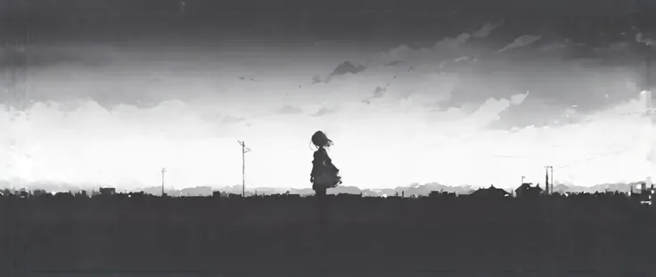 ((masterpiece)), ((top quality)), [ shadow art ,overview:0.35], silhouette of a single girl , 少女teeth正面を向いている, cloud,upper body,melew,dynamic pose, Long Shadows, Black and White, White Sky,standing, close-up,PORTRAIT,middle level,frequent lighting , detail...
