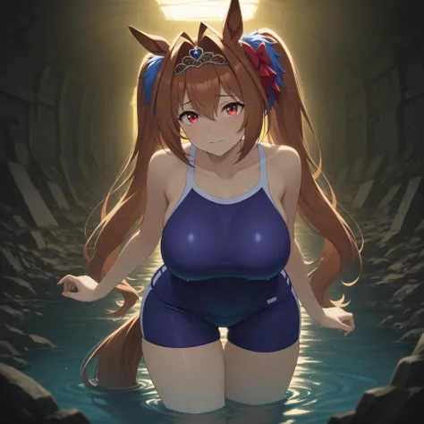 anime, masterpiece, best quality, amazing quality, underground bunker, flooded, waist-high water, small side room, rubble, dim lighting, yellow lighting, 1girl, solo, dwstswim, horse tail, brown hair, hair intakes, hair between eyes, antenna hair, sidelock...