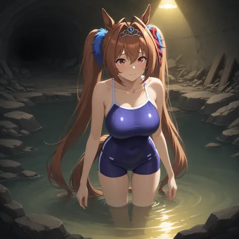 anime, masterpiece, best quality, amazing quality, underground bunker, flooded, waist-high water, small side room, rubble, dim lighting, yellow lighting, 1girl, solo, dwstswim, horse tail, brown hair, hair intakes, hair between eyes, antenna hair, sidelock...