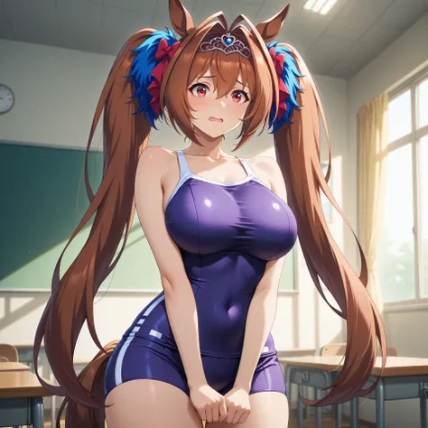 anime, lazypos, masterpiece, best quality, amazing quality, college dorm room, yellow lighting, 1girl, solo, dwstswim, horse tail, brown hair, hair intakes, hair between eyes, antenna hair, sidelocks, twintails, hair bow, red bow, tiara, blue gemstone, ani...