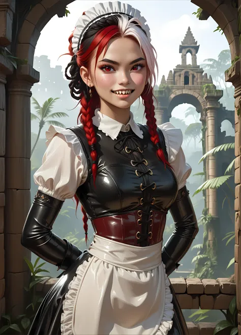 Curious expression. Slender body. Lean body-type. Marble-White skin. Cute 18-year-old Aztec and Indonesian girl with big Asian red eyes and unnaturally sharp teeth and dreadlocks (white and red hair). Intense red eyes. Sharp and shark-like teeth. She has a...