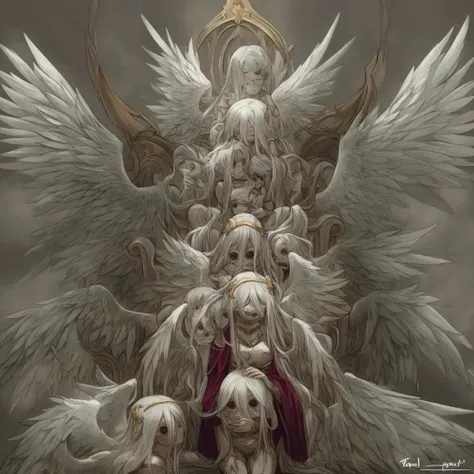1 girl, Seraphim, long white hair, 4 pairs of wings, multiple eyes on face and body, Throne (angel) offending, Lovecraft style