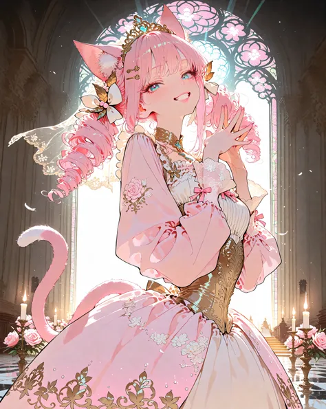 (masterpiece,best quality,ultra high res,anime manga style,sharp focus,detailed artwork,illustration,clean line art,hyper-detailed):1.4,
(Japanese gyaru, breathtaking cat woman, hands together, childlike grin, open mouth smile):1.7,
(solo, 1girl, no other ...