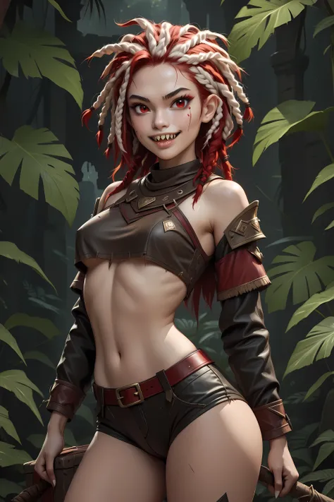 Curious expression. Slender body. Lean body-type. Marble-White skin. Cute 18-year-old Aztec and Indonesian girl with big Asian red eyes and unnaturally sharp teeth and dreadlocks (white and red hair). Intense red eyes. Sharp and shark-like teeth. She has a...