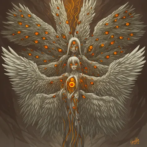 1 girl, Seraphim, long white hair, 4 pairs of big wings, yellow and red eyes, multiple eyes on face and body, godlike, Lovecraft style