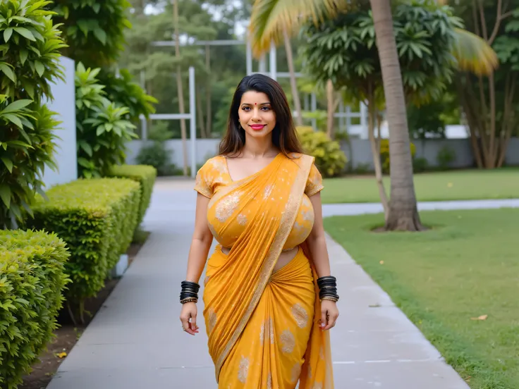 Busty indian curvy thick women, wearing Yellow color saree, Black Bangles, walking in a park