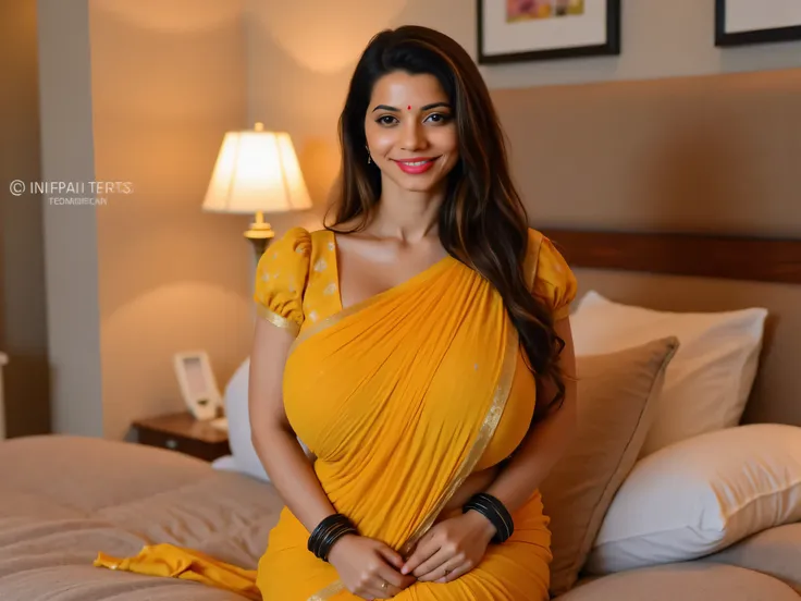 Busty indian curvy thick women, wearing Yellow color saree, Black Bangles, sitting in bedroom with a sexy pose