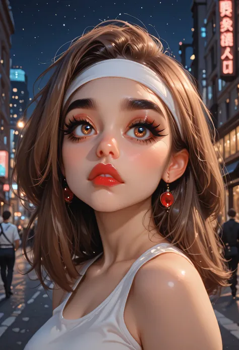 night sky, city street, perfect face, straight hair, lightest brown hair, white headband, black eyebrows, thick eyebrows, black eyeliners, big eyes, light brown eyes, bright red lips, thick lips, beautiful woman, white tank top