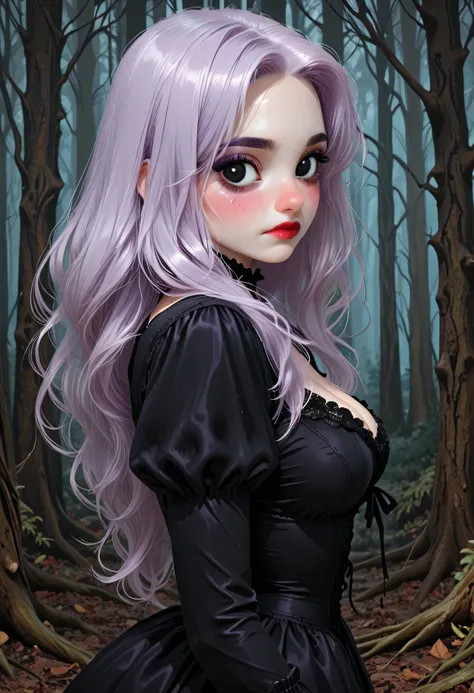 Dead Forest, Forest, Trees, 1Girl, Perfect Body, Beautiful Girl, Light Purple Hair, Long Hair, Purple Eyebrows, Natural Eyebrows, Black Eyeliners, Big Eyes, Black Eyes, Pink Blush, Nose, Red Lipstick, Thick Lipstick, Closed Mouth, Black Victorian Dress, Me...