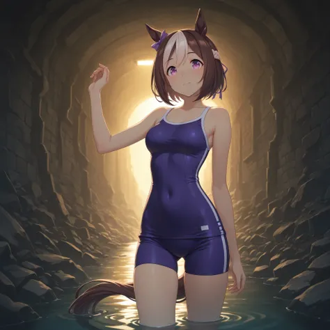 anime, masterpiece, best quality, amazing quality, underground bunker, flooded, waist-high water, small side room, rubble, dim lighting, yellow lighting, 1girl, solo, special week \(umamusume\) horse girl, horse ears, pink eyes, two-tone hair, brown hair, ...