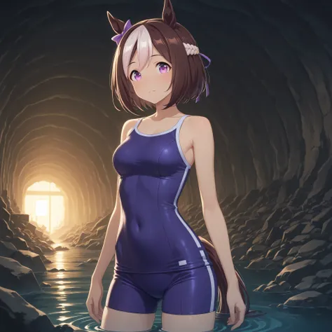 anime, masterpiece, best quality, amazing quality, underground bunker, flooded, waist-high water, small side room, rubble, dim lighting, yellow lighting, 1girl, solo, special week \(umamusume\) horse girl, horse ears, pink eyes, two-tone hair, brown hair, ...