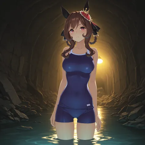 anime, masterpiece, best quality, amazing quality, underground bunker, flooded, waist-high water, small side room, rubble, dim lighting, yellow lighting, 1girl, solo, gentildonna (umamusume), tracen school swim suit, raised eyebrow,