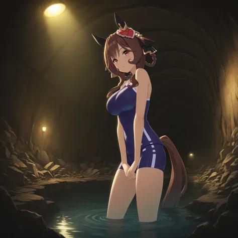 anime, masterpiece, best quality, amazing quality, underground bunker, flooded, waist-high water, small side room, rubble, dim lighting, yellow lighting, 1girl, solo, gentildonna (umamusume), tracen school swim suit, raised eyebrow,