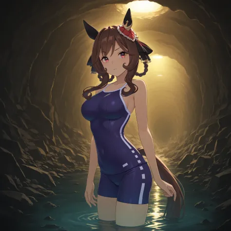 anime, masterpiece, best quality, amazing quality, underground bunker, flooded, waist-high water, small side room, rubble, dim lighting, yellow lighting, 1girl, solo, gentildonna (umamusume), tracen school swim suit, raised eyebrow,