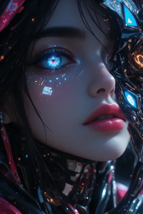 portrait, detailed, realism, Cyborg, glowing eyes, Midjourney_Whisper. Concept:
Hyperrealistic close-up portrait of a Cyber Shrine Maiden: a futuristic priestess. Her face is the center of the image, revealing the union between soul and circuitry.
Chara...