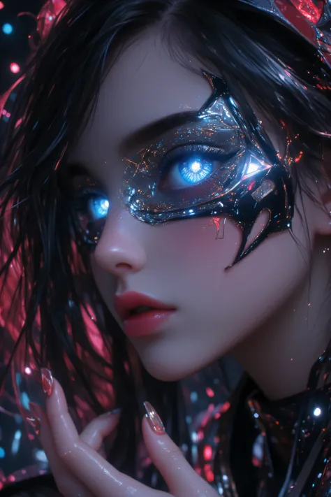 portrait, detailed, realism, Cyborg, glowing eyes, Midjourney_Whisper. Concept:
Hyperrealistic close-up portrait of a Cyber ​​Shrine Maiden: a futuristic priestess. Her face is the center of the image, revealing the union between soul and circuitry.

Chara...