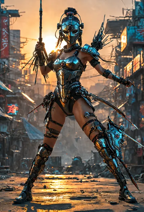 mini style, oil, masterpiece, top quality, wire tiara, cyberpunk iron mask , Wear a holding spear, volume light, Fighter Pose, Insanely Detailed, cyberpunk style decoration , Action Pack, Full body standing position, Rising sun background.