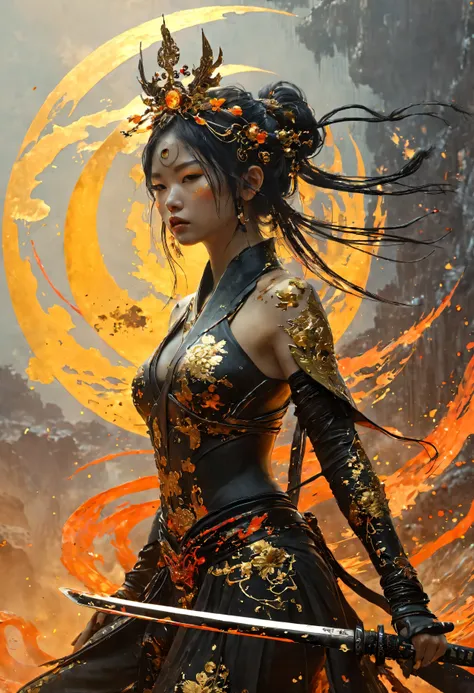 mini style, oil, masterpiece, ((超masterpiece))top quality, hell lava art by Yoann Lossel , Tom Haugomat's color style , wire tiara, (beautiful face)Wear a holding cyber katana, volume light, Fighter Pose, Insanely Detailed, cyberpunk style decoration , ...