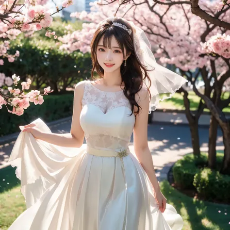 (masterpiece,best quality: 1.4),(8k,raw photo,photo realistic:1.2),shiny skin, detailed skin,detailed face,detailed eyes,Japanese idol,beautiful face,cherry blossom trees, under cherry blossom trees, one beautiful woman, beautiful Japanese woman, well-deve...