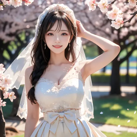 (masterpiece,best quality: 1.4),(8k,raw photo,photo realistic:1.2),shiny skin, detailed skin,detailed face,detailed eyes,Japanese idol,beautiful face,cherry blossom trees, under cherry blossom trees, one beautiful woman, beautiful Japanese woman, well-deve...