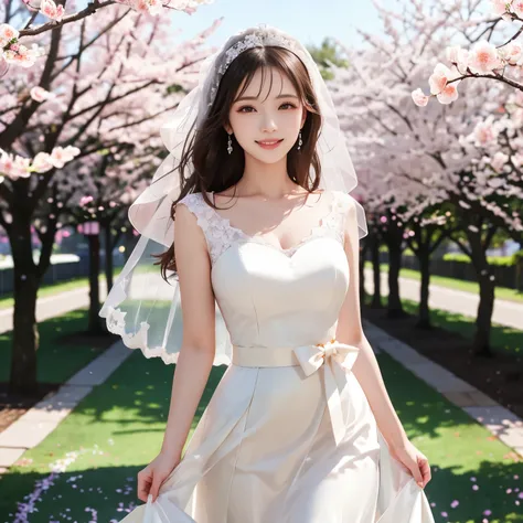 (masterpiece,best quality: 1.4),(8k,raw photo,photo realistic:1.2),shiny skin, detailed skin,detailed face,detailed eyes,Japanese idol,beautiful face,cherry blossom trees, under cherry blossom trees, one beautiful woman, beautiful Japanese woman, well-deve...