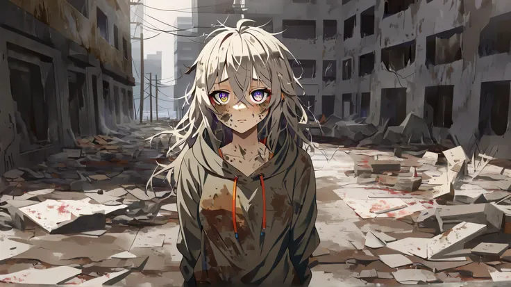 (masterpiece:1.3), (extreme detailed, colorful, highest detailed ,ultra-detailed:1.4), (an extremely delicate and beautiful:1.3)

BREAK, 1girl, (cute:1.3), alone, incredibly absurd, hoodie, (Dirty, dilapidated:1.5), (post apocalypse:1.3)

BREAK, messy hair...
