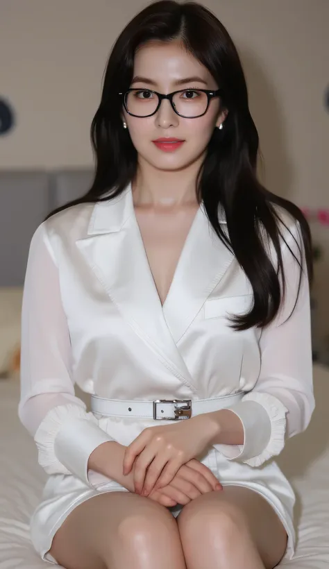 an adult woman, MILF, sit strapping on a bedroom mattress, Face looking towards the camera , using a buttoned formal shirt of white satin material, underwearless, bottomless, black color glasses, payudara besar, lipstik merah, messy hair to shoulder blac...