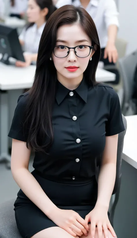 an adult woman, MILF, sat strapping on an office desk, Face looking towards the camera , use black color satin material short sleeve buttoned casual shirt, short pencil skirt of satin material of black color, black color glasses, payudara besar, lipstik ...