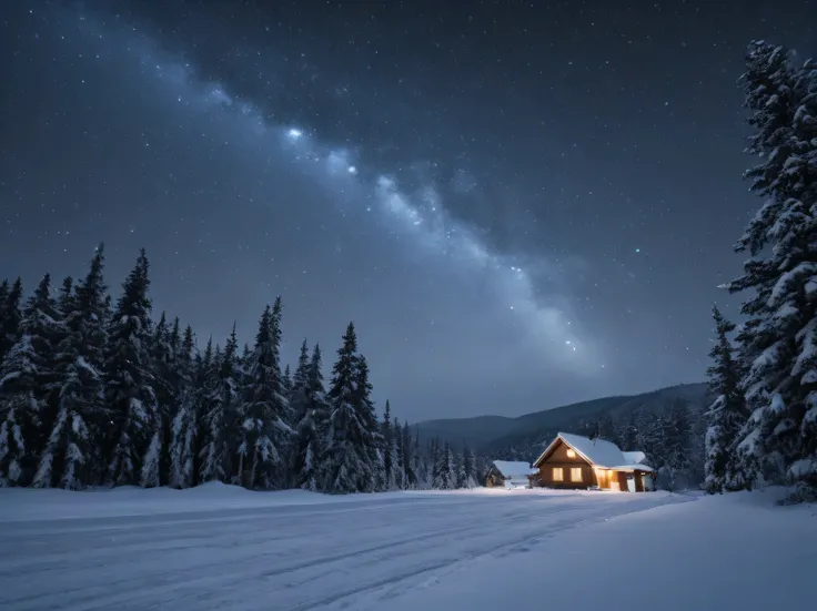 superior quality, 8k resolution, photorealism, snow storm, dynamic snowfall in the steppe, large flakes in the foreground, against the starry sky, contrasting lighting highlights snowflakes against a dark background, swirls of snow, frosty haze, dra...