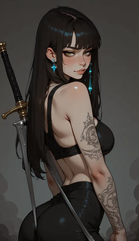 Score_9, score_8_up, score_7_up, A highly detailed artwork in the fantasy genre Luis Royo style  using digital painting techniques. It features a woman with long, flowing black hair adorned with small, glowing crystals that hang from her head. She has fair...