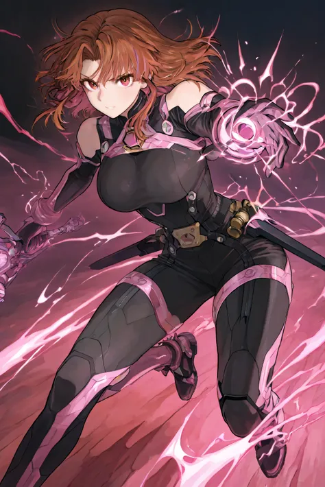 A female character with big breast she's stands confidently, clad in a form-fitting anime style hero suit. The suit is predominantly white with sleek pink accents running along the seams and contours, which highlights the character's athletic build. Black ...