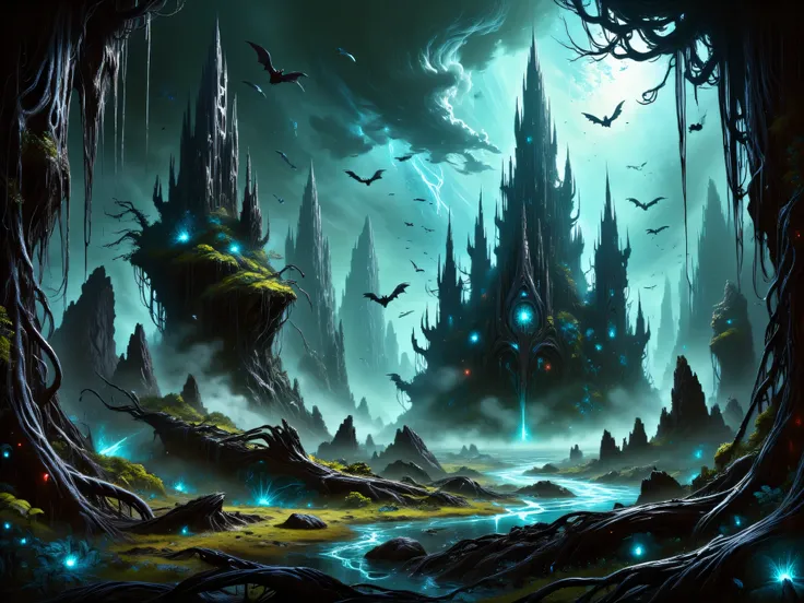 Dark fairytale with bats and magic, mystic castle and spooky forest, detailed and high-resolution