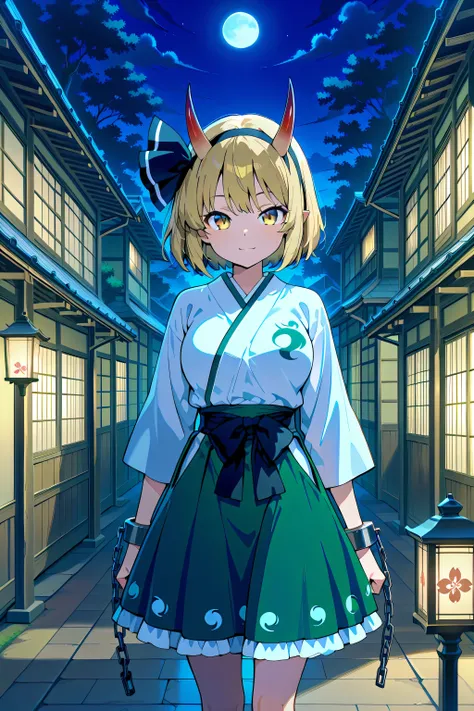 absurdres, highres, masterpiece, best quality, amazing quality, official anime artwork, screencap, anime screencap, outdoors, looking at viewer, light smile,
east asian architecture, former capital, gensokyo, underground, dark, light particles, lantern, 
 ...