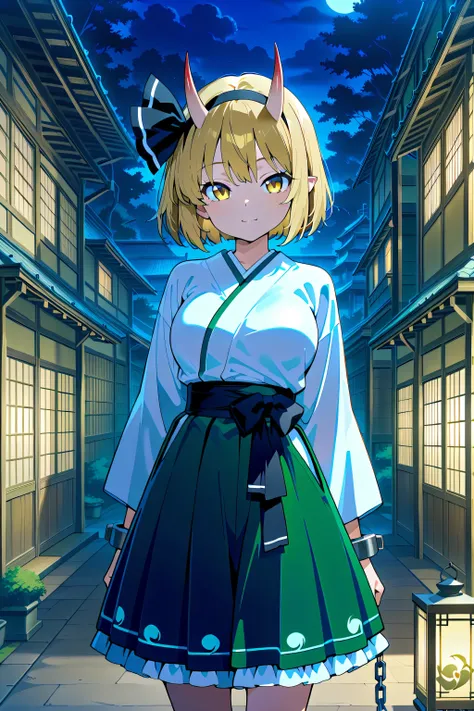 absurdres, highres, masterpiece, best quality, amazing quality, official anime artwork, screencap, anime screencap, outdoors, looking at viewer, light smile,
east asian architecture, former capital, gensokyo, underground, dark, light particles, lantern, 
 ...