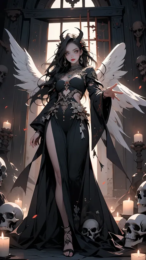 Alone, Sexy female, (A Fallen Angel), (beautiful onyx-black fallen angel wings, beautiful onyx-black) , ((standing, X)), (((beckoning you))), skeleton in one hand), front view, from below, horror style, beautiful black hair, Flowing black hair, perfect pal...