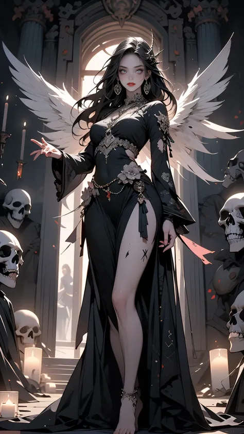 Alone, Sexy female, (A Fallen Angel), (beautiful onyx-black fallen angel wings, beautiful onyx-black) , ((standing, X)), (((beckoning you))), skeleton in one hand), front view, from below, horror style, beautiful black hair, Flowing black hair, perfect pal...