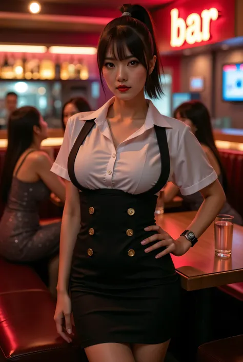 Stiff waitress uniform, all buttons are closed, wear a vest over a shirt, short tie, tight-fitting pencil skirt, thighs wearing pantyhose.
Dimly lit high-end bar late at night, bottles lined up on wall.
Nneon sign that reads "BAR".
It is a bar with a nigh...