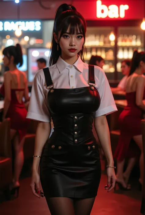 Stiff waitress uniform, all buttons are closed, wear a vest over a shirt, short tie, tight-fitting pencil skirt, thighs wearing pantyhose.
Dimly lit high-end bar late at night, bottles lined up on wall.
Nneon sign that reads "BAR".
It is a bar with a nigh...