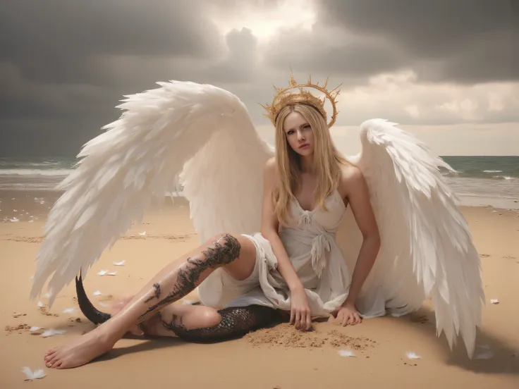 ethereal young angel girl, porcelain fair skin, flowing white silk dress torn and tattered, magnificent white feathered wings spread wide, desperately crawling on golden beach sand, dramatic transformation scene, upper body remains pure and angelic with in...