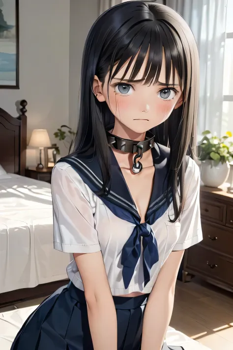 (masterpiece, Best Quality, 8K,Raw photo, High resolution:1.7), (led away, escorted by boy, 1 girl, 1 naked boy, upper body, looking at viewer, arms behind back, sitting on the bed:1.5), (a lot of teardrops, Frowning, screaming, crying, sobbing, tearing, t...
