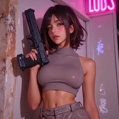 A grounded yet stylish young female character inspired by GTA-style aesthetics — confident, relaxed, and streetwise. She has medium-length dark brown hair, straight or slightly tousled, with a natural texture. Her facial features are realistic and express...