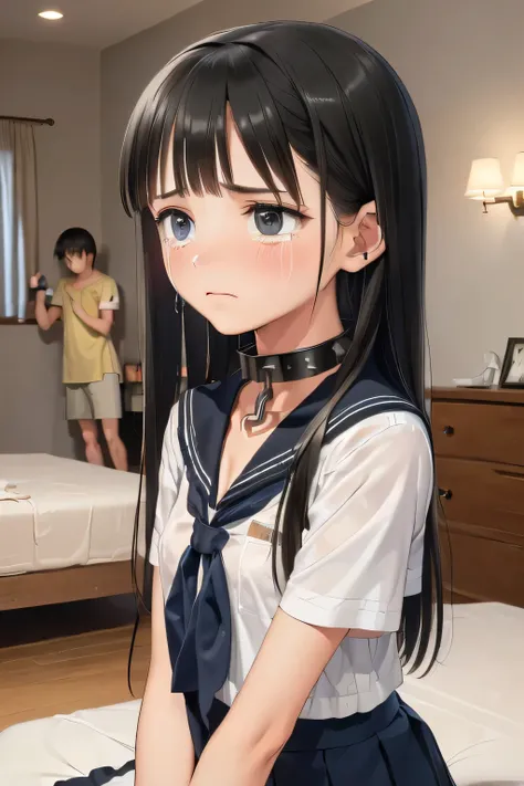 (masterpiece, Best Quality, 8K,Raw photo, High resolution:1.7), (led away, escorted by boy, 1 girl, 1 naked boy, upper body, looking at viewer, arms behind back, sitting on the bed:1.5), (a lot of teardrops, Frowning, screaming, crying, sobbing, tearing, t...