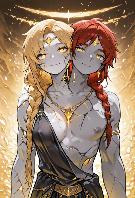 conjoined, 1girl, 1boy, 2heads, two heads, a tall thin girl and boy, with 2 heads, QueenMarika, blonde hair, single braid, jewelry, forehead jewel, armlet, black dress, cleavage, pelvic curtain, radagon, cracked skin, grey skin, glowing, yellow eyes, tople...