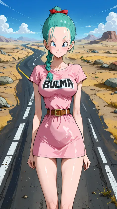 (masterpiece,best quality:1.2,amazing quality,very aesthetic, absurdres,newest) ,YamamotoXLP,,
 , (bulma), dragon ball,1girl,solo,(ideal ratio body proportions:1.2) ,(slender body:1.2, skinny:1.2), medium breasts,aqua hair,forehead,high ponytail,braid pony...