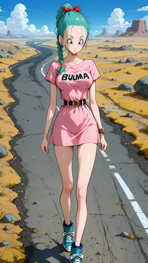 (masterpiece,best quality:1.2,amazing quality,very aesthetic, absurdres,newest) ,YamamotoXLP,,
 , (bulma), dragon ball,1girl,solo,(ideal ratio body proportions:1.2) ,(slender body:1.2, skinny:1.2), medium breasts,aqua hair,forehead,high ponytail,braid pony...