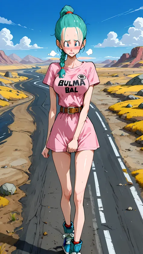 (masterpiece,best quality:1.2,amazing quality,very aesthetic, absurdres,newest) ,YamamotoXLP,,
 , (bulma), dragon ball,1girl,solo,(ideal ratio body proportions:1.2) ,(slender body:1.2, skinny:1.2), medium breasts,aqua hair,embarrassed, heavy  breath,forehe...