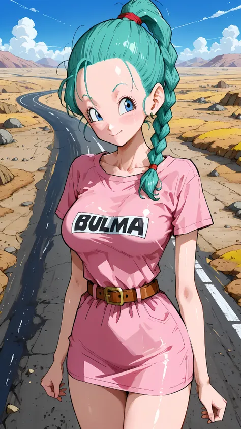 (masterpiece,best quality:1.2,amazing quality,very aesthetic, absurdres,newest) ,YamamotoXLP,,
 , (bulma), dragon ball,1girl,solo,(ideal ratio body proportions:1.2) ,(slender body:1.2, skinny:1.2), medium breasts,aqua hair,forehead,high ponytail,braid pony...